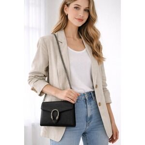 Gucci Dionysus Wallet on Chain Black Textured Leather Crystal Tiger Head Bag